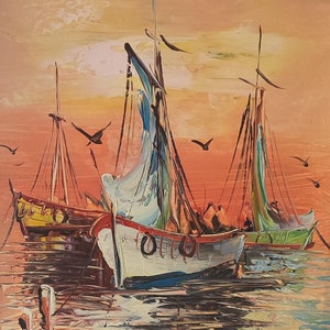 Trzy żaglówki o zachodzie słońca, ręcznie malowana farba olejna
