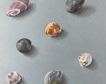 Original Pebbles Drawing Seaside Art Illustration Duck Egg Blue Coastal Decor Pembrokeshire