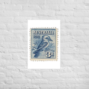 Póster de Kookaburra australiano, regalo australiano, sello postal azul, arte de pared, arte de póster único