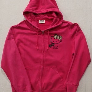 Hello Kitty Hot Pink Preloved Graphic Hoodie, Sanrio Used Full Zip Up Hooded Sweter, Japońska Anime Cartoon Long Sleeve Bluza Rozmiar L