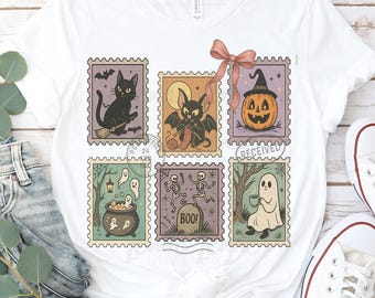 Retro Halloween Stamp PNG: Spooky Cat, Ghost, Pumpkin (Digital Download, PDF