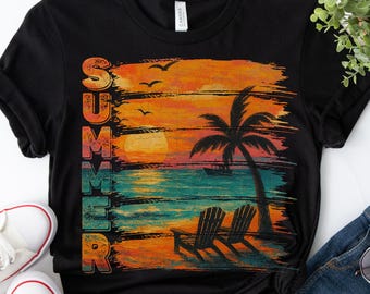 Retro Summer Sunset PNG: Palm Tree Beach Design (Digital Download, PDF Included