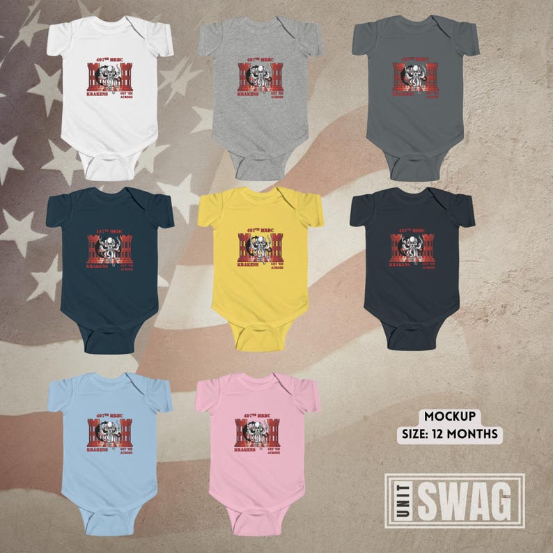 May include: A set of ten baby onesies in various colours, each featuring a skull graphic and the text "Goth Music Kraken's Got Me On Lockdown". The onesies are arranged in two rows of five, with a white background.