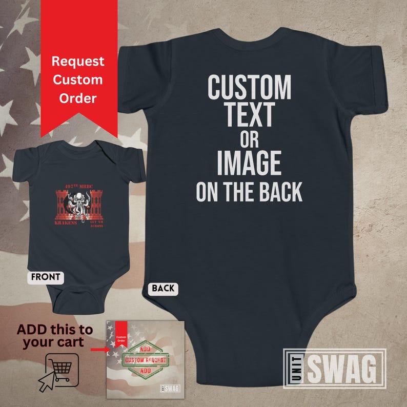 May include: A navy blue baby bodysuit with a white print on the back that says "CUSTOM TEXT OR IMAGE ON THE BACK". The front of the bodysuit has a red, white, and black graphic print of a kraken.