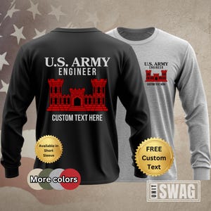 May include: Black and gray long-sleeve shirts with "U.S. ARMY ENGINEER" printed on them. The shirts feature a red castle graphic and the text "CUSTOM TEXT HERE". One shirt has a gold seal that says "Available in Short Sleeve".