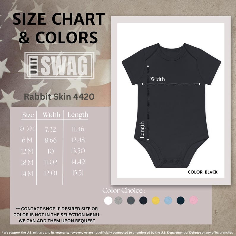 May include: Size chart and colour options for a baby onesie. The onesie is black and made of Rabbit Skin 4420 fabric. The chart shows sizes from 0-3 months to 14 months with corresponding width and length measurements in inches. The colour choices include white, grey, black, yellow, blue, navy, and pink.