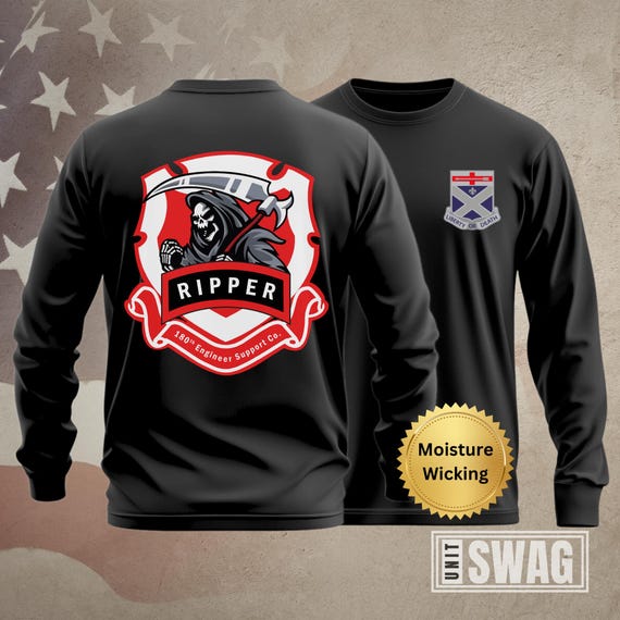 180 ESC, Long Sleeve, T-shirt, Engineer Support Company, Ripper, 276 Engineer Battalion, Unit Shirt, Moisture Wicking, Dri-Fit, Black