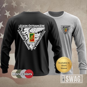 May include: Black and gray long-sleeve shirts with a triangular emblem featuring text and a crest. The emblem reads "Légion Étrangère" and "2e Régiment Étranger de Parachutistes." Additional text indicates availability in short sleeves and more colors.