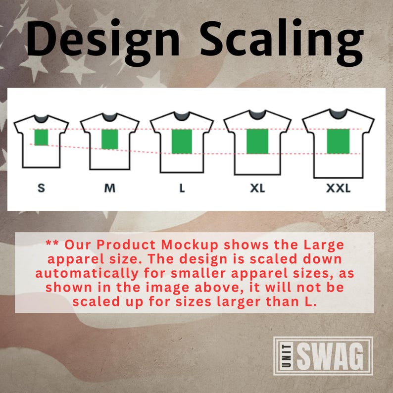 May include: Diagram showing how a design is scaled down for different t-shirt sizes. The design is shown on five t-shirts, labelled S, M, L, XL, and XXL. The design is largest on the L t-shirt and gets smaller on the smaller sizes. The text reads: "Our Product Mockup shows the Large apparel size. The design is scaled down automatically for smaller apparel sizes, as shown in the image above, it will not be scaled up for sizes larger than L."