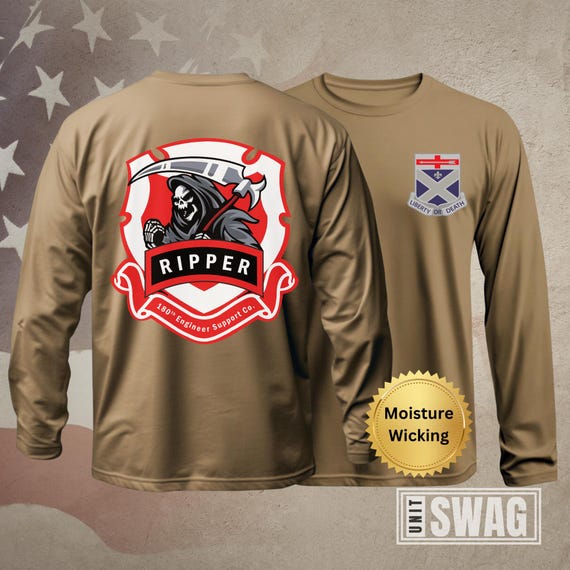 180 ESC, Long Sleeve, T-shirt, Engineer Support Company, Ripper, 276 Engineer Battalion, Unit Shirt, Moisture Wicking, Dri-Fit, Coyote Brown