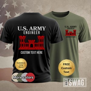 May include: Two t-shirts, one black and one olive green, with the text "U.S. ARMY ENGINEER" and a red graphic of a castle. The black shirt has the text "CUSTOM TEXT HERE" below the graphic. The olive green shirt also has the text "CUSTOM TEXT HERE".