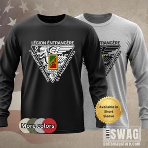 May include: Black and gray long-sleeve shirts featuring a triangular emblem with text in French. The emblem includes a dragon, wings, and the words "Légion Étrangère" and "2e Régiment Étranger de Parachutistes". The shirts are available in short sleeves.