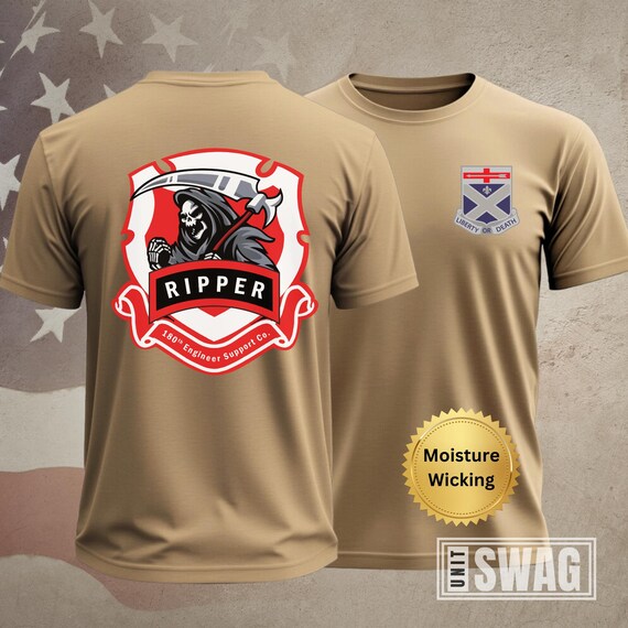 180 ESC, T-shirt, Engineer Support Company, Ripper, 276 Engineer Battalion, Unit Shirt, Moisture Wicking, Dri-Fit, Coyote Brown