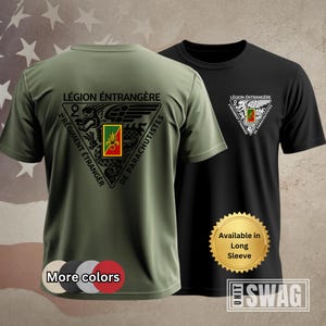 May include: Two short-sleeved t-shirts, one olive green and one black, featuring a military emblem with text in French. The emblem includes a crest with a red, yellow, and green design, and the text "Légion Étrangère" and "2e Régiment Étranger de Parachutistes".