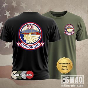 May include: Black and olive green t-shirts featuring the "Geronimo" emblem. The emblem includes a Native American profile, the number "501", and the word "Geronimo". The shirts are available in long sleeve and more colors.