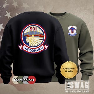 May include: Black and olive green sweatshirts. The black sweatshirt features a circular emblem with a Native American profile, the number 501, and the word "GERONIMO." The olive green sweatshirt has a smaller emblem. Available in hoodie style.