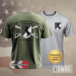 May include: Green t-shirt with the text "11th Armored Cavalry Regiment Blackhorse" and a black horse graphic. The shirt is available in long sleeve.