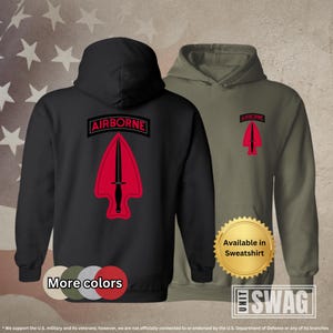 May include: Black and green hooded sweatshirt with a red and black Airborne logo featuring a knife and the word "Airborne". The sweatshirt is available in other colors and as a sweatshirt.