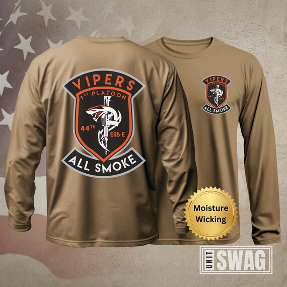 1 PLT, 44 ESB, T-shirt, Long Sleeve, Vipers, 44th, Expeditionary Signal, Battalion, Shirt, Moisture Wicking, Dri-Fit, Coyote Brown