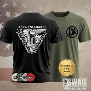 May include: Two t-shirts, one black and one olive green. The black shirt features a white graphic with text in French: "LÉGION ÉTRANGÈRE 2e RÉGIMENT ÉTRANGER DE PARACHUTISTES." The olive shirt has a black emblem. Additional colors are available.