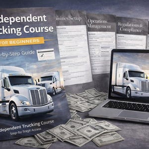 Pode incluir: Uma imagem com um laptop exibindo um caminhão, um livro intitulado "Independent Trucking Course" e pilhas de documentos. A capa do livro mostra um caminhão em uma rodovia. Várias notas de dinheiro estão espalhadas.