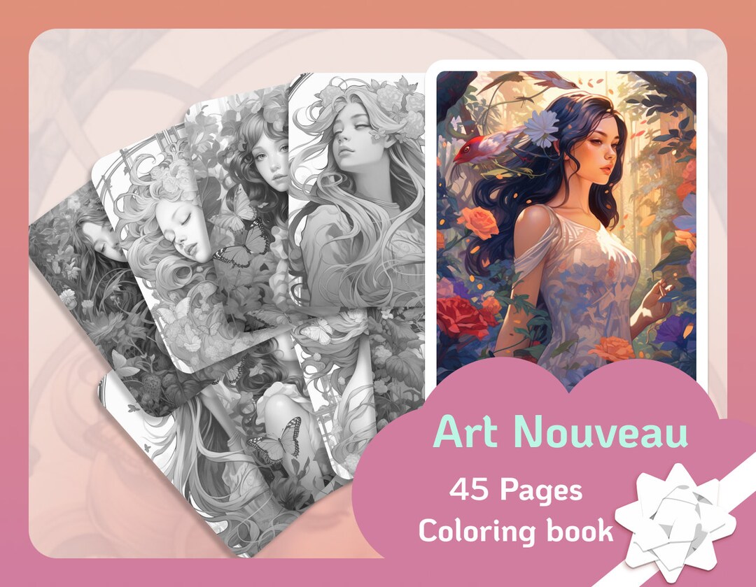 Art Nouveau Beautiful Coloring Book Floral Girls Inspiring Surreal