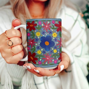 Oversized Colorful Boho Abstract Flower Ceramic Mug 15oz, Large Coffee Cup with Pink Floral Design, Flower Power, Birthday Gift Him Her