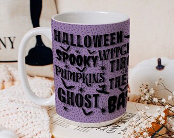 Taza de cerámica de Halloween púrpura de gran tamaño, taza de café de temporada espeluznante grande, taza espeluznante, cosecha de otoño, Latte de especias de calabaza de otoño