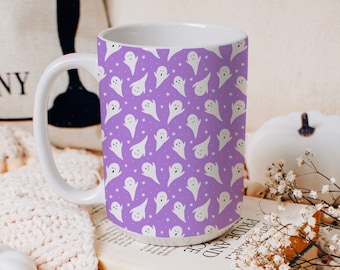 Taza de cerámica de Halloween de fantasma púrpura de gran tamaño, taza de café de temporada espeluznante grande, taza espeluznante, taza de cosecha de otoño, café con leche de especias de calabaza de otoño