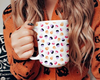 Taza de cerámica de Halloween de maíz de caramelo colorido de gran tamaño, taza de café de temporada espeluznante grande, taza espeluznante, cosecha de otoño, café con leche de especias de calabaza de otoño
