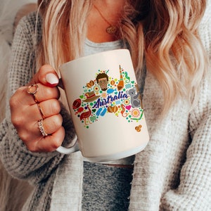 Tasse à café en céramique colorée d'Australie, tasse à café de 15 oz avec carte vers le bas, cadeau pour professeur préféré, amateur de café, kangourou, imprimé Koala