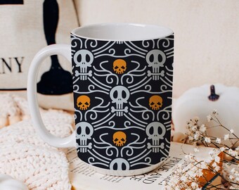 Taza de cerámica de Halloween de calavera de gran tamaño, taza de café de temporada espeluznante grande, taza espeluznante, cosecha de otoño, blanco y negro, latte de especias de calabaza de otoño