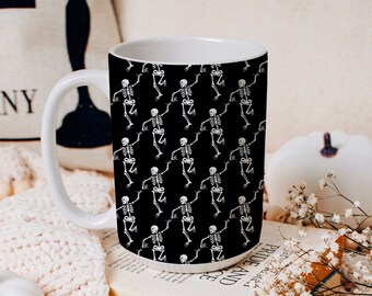 Taza de cerámica de Halloween de esqueleto de baile de gran tamaño, taza de café de temporada espeluznante grande, taza de cosecha de otoño, café con leche de especias de calabaza de otoño, taza tonta