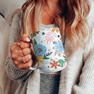 Floral Ceramic Mug 15oz, Flower Coffee Cup, Birthday Gift, Coffee Lover Gift, Gift for Women, Gift for Her, Floral Coffee Mug, Large Mug