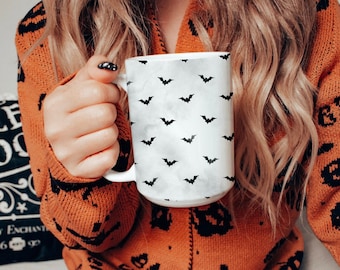 Taza de cerámica de Halloween de mini murciélago de gran tamaño, taza de café de temporada espeluznante grande, taza espeluznante, cosecha de otoño, Latte de especias de calabaza de otoño