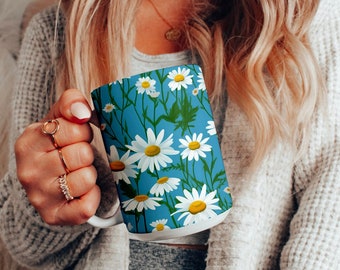 Große Daisy Floral Keramik Kaffeetasse, 15 Unzen Kaffeetasse mit Wildblumen, Geschenk für Lieblingslehrer, Kaffeeliebhaber, Blumendruck