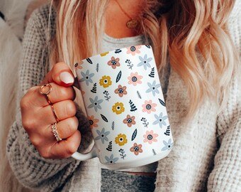 Large Colorful Floral Ceramic Coffee Mug, Oversized Coffee Cup with Wild Flowers, Gift for Favorite Teacher, Coffee Lover, Floral Print