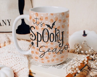 Taza de cerámica de Halloween de gran tamaño, taza de café de temporada espeluznante grande, taza espeluznante, cosecha de otoño, latte de especias de calabaza de otoño, maíz de caramelo naranja