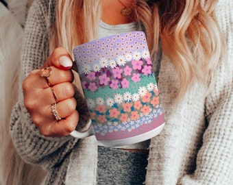 Oversized Colorful Boho Abstract Flower Ceramic Mug 15oz, Large Coffee Cup with Purple Floral Design, Flower Power, Birthday Gift Him Her