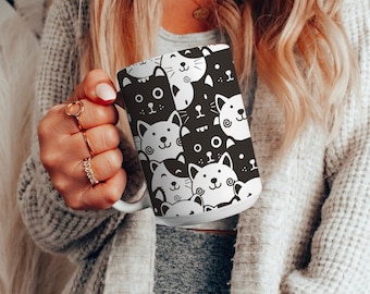 Übergroße schwarze und weiße Katze Keramik Kaffeetasse, große 15 Unzen Tasse für Katzenliebhaber, Geschenk für Katzendame, Kitty Katze, Kätzchen Liebhaber Geschenk für Sie