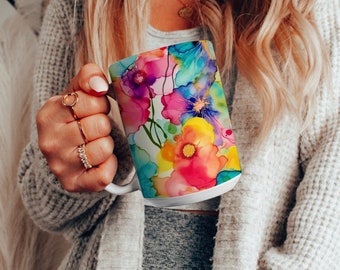 Oversized Colorful Abstract Flower Ceramic Mug, Large 15oz Coffee Cup with Wild Flowers, Coffee Lover, Floral Print Gift for Tea Lover
