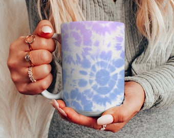 Oversized Blue and Purple Tie Dye Ceramic Mug, Large Coffee Cup with Colorful Abstract Design, Cute Hippie Birthday Gift Him Her