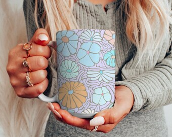 Colorful Abstract Retro Flower Ceramic Mug 15oz, Large Coffee Cup with Pink 60's Floral Design, Flower Power, Birthday Gift Him Her