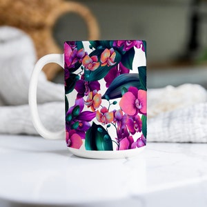 Bright Purple Orchid Ceramic Mug, Large Coffee Cup with Flowers, Tropical Flower Mug, Latte Mug, Gift for Her, Huge Cup for Coffee Lover