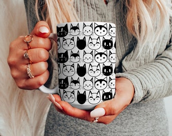 Large Black and White Cat Ceramic Coffee Mug 15oz, Mug for Cat Lover, Birthday Gift for Cat Lady, Kitty Cat, Kitten Lover Gift for Her