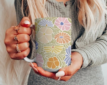 Colorful Abstract Retro Flower Ceramic Mug 15oz, Large Coffee Cup with Pink 60's Floral Design, Flower Power, Birthday Gift for Women