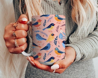 Oversized Colorful Bird Ceramic Mug, Large 15oz Coffee Cup, Bird Lover Gift, Gift for Animal Lover, Latte Mug, Tea Cup, Gift for Her Him