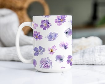 Large Colorful Floral Ceramic Coffee Mug, 15oz Coffee Cup with Wild Flowers, Gift for Favorite Teacher, Coffee Lover, Floral Print