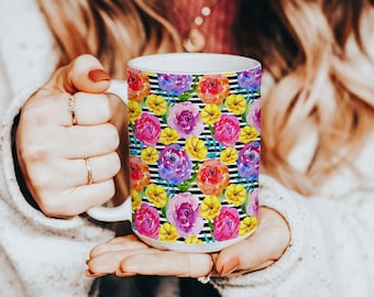 Übergroße Aquarell Blumen Tasse, große süße Blumen Kaffeetasse, schwarze Streifen, Geburtstagsgeschenk für Gärtner, Blumen Garten, Küchendekor
