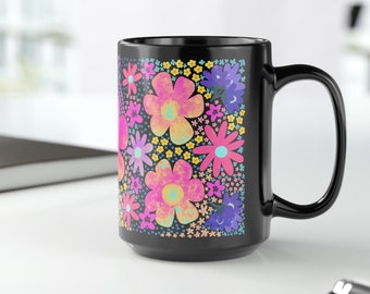 Oversized Colorful Boho Abstract Flower Ceramic Mug 15oz, Large Coffee Cup with Pink Floral Design, Flower Power, Birthday Gift Him Her